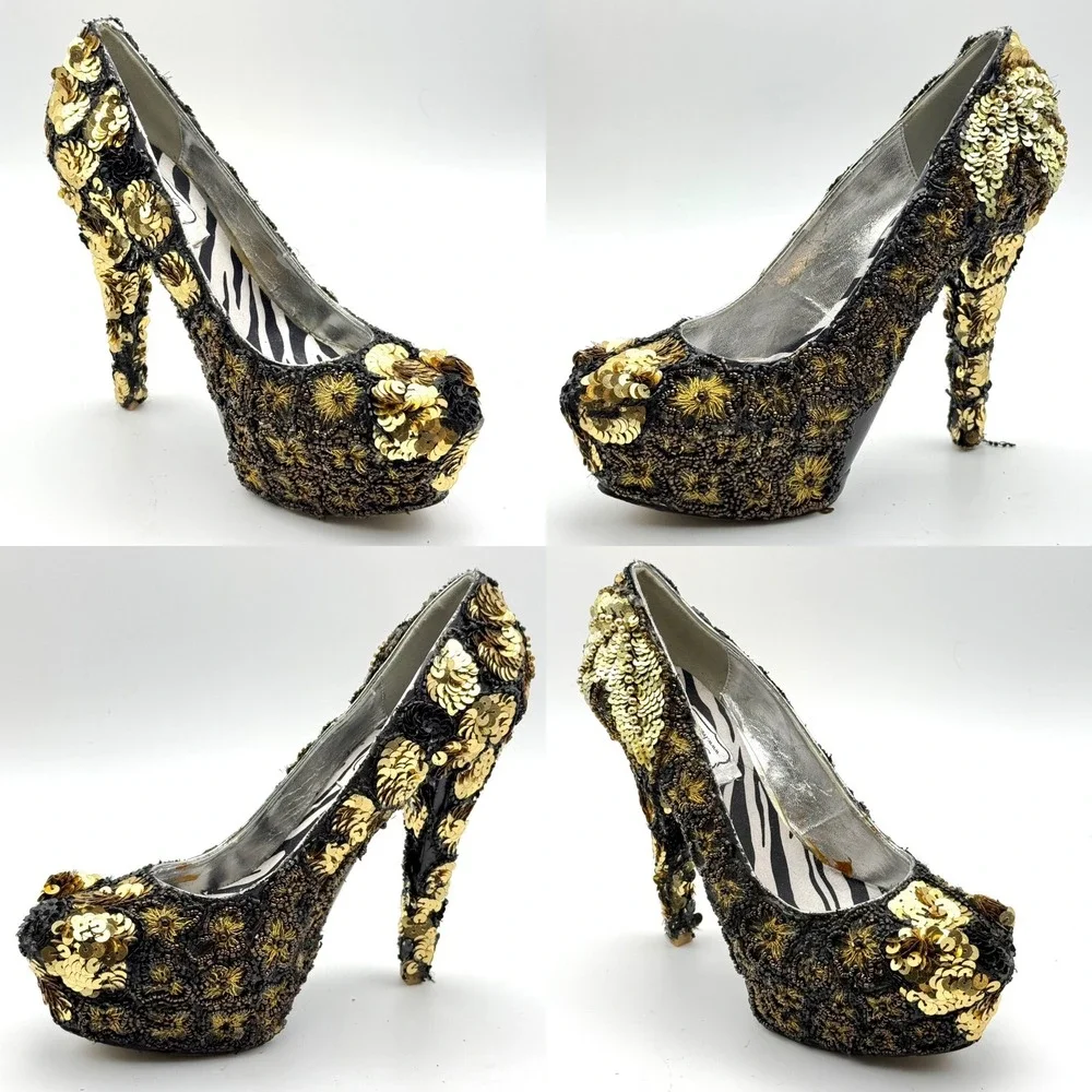 Ivanka Ska Sequin Beaded Platform Pumps Gold Black Zebra Print Heel 5.5 In 8/8.5